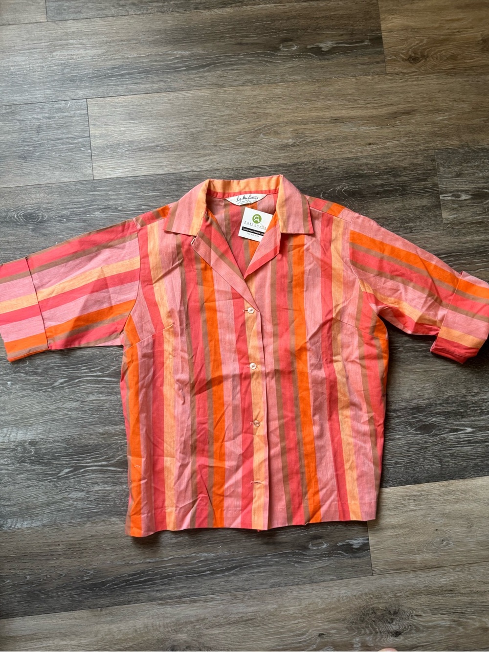 Vintage Lady Manhattan Orange & Pink Striped Short-Sleeve Button Shirt 50s 60s